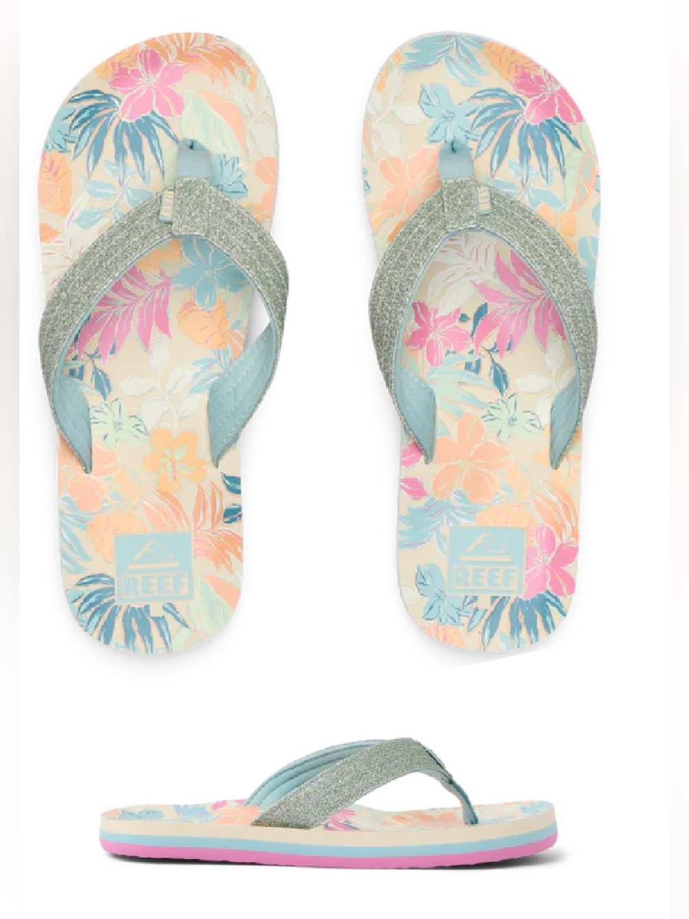 Reef Ahi Tropical Floral Kids Flip Flops - Glitter Powder Blue Size 4